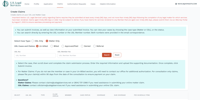 Attorney Portal - Claim Request - Main Screen