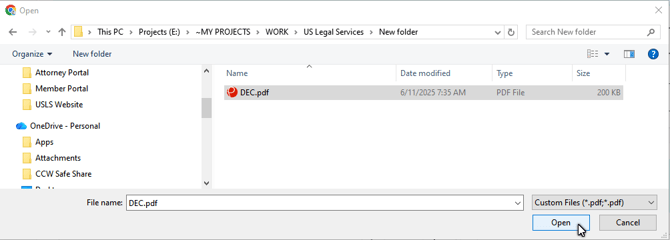 Attorney Portal - Practice Details - File Upload explorer DEC