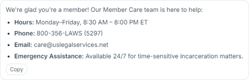 Legalia AI - UI - Chat Window - Contact Support