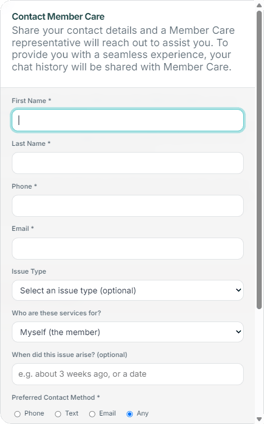 Legalia AI - UI - Chat Window - Member Care Form