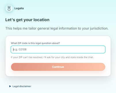 Legalia AI - UI - Zip Code